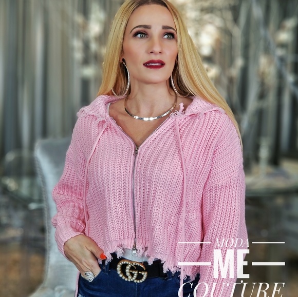 Chunky Knit Hoodie Sweater - Pink - Picture 3 of 5